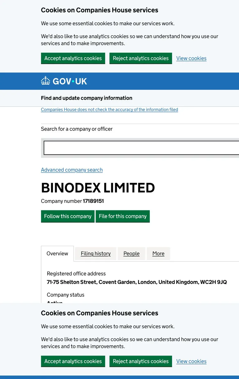 Официальная выписка Companies House по BINODEX LIMITED 17189151