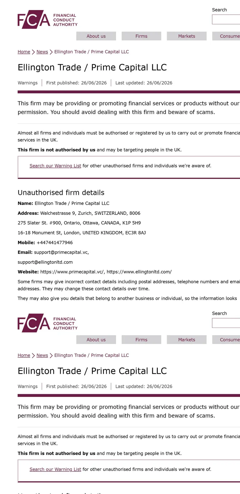 Предупреждение FCA об Ellington Trade и Prime Capital LLC